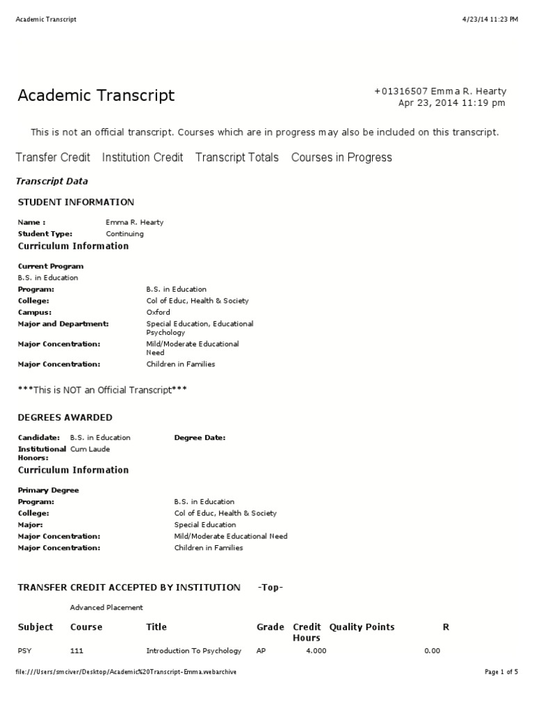 Unofficial Academic Transcript - Emma Hearty | PDF | Academic Term ...