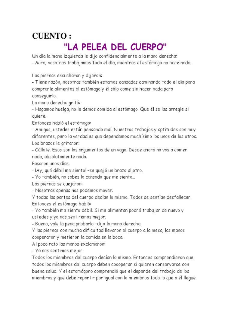 Cuento La Pelea Del Cuerpo | PDF | Relaciones personales, crianza y ...