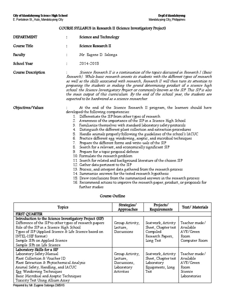 Course Syllabus in Research II Lecture Laboratories