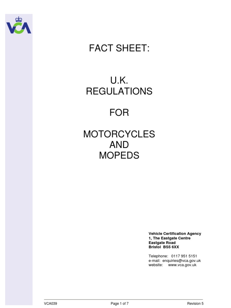 VCA UK Regulations For Motorcycles and Mopeds PDF Motorcycle Headlamp