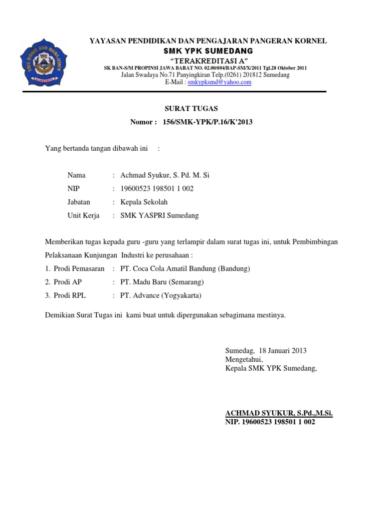 Surat Tugas Kunjungan Industri