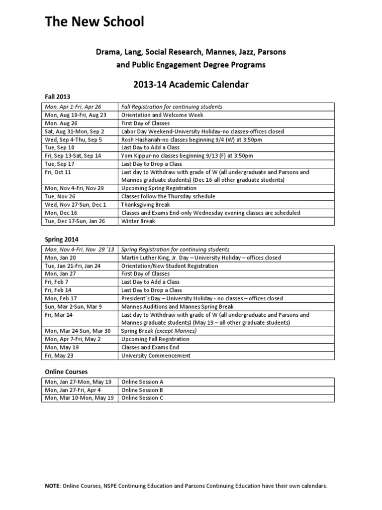 The New School Academic Calendar 2013-16 | PDF | Academic Term | Educational Institutions