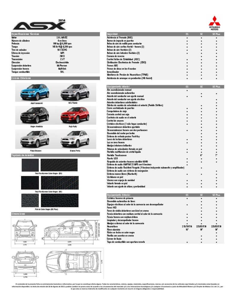 Ficha Técnica Mitsubishi ASX 2014MY | Airbag | Transmisión (Mecánica