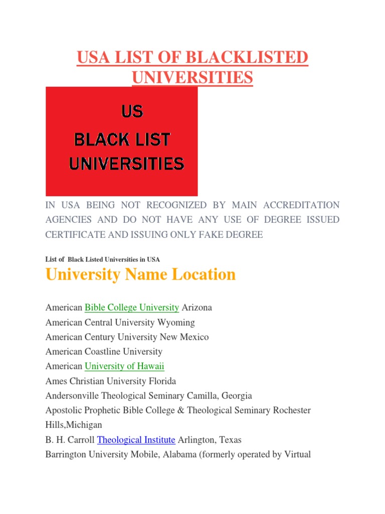 Usa List of Blacklisted Universities PDF The United States
