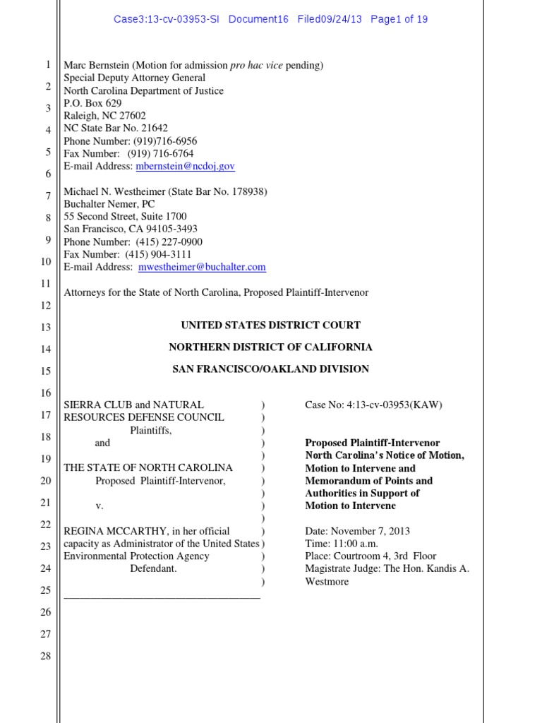 North Carolina Motion To Intervene 9/24/2013 ND Cal | PDF | Clean Air ...