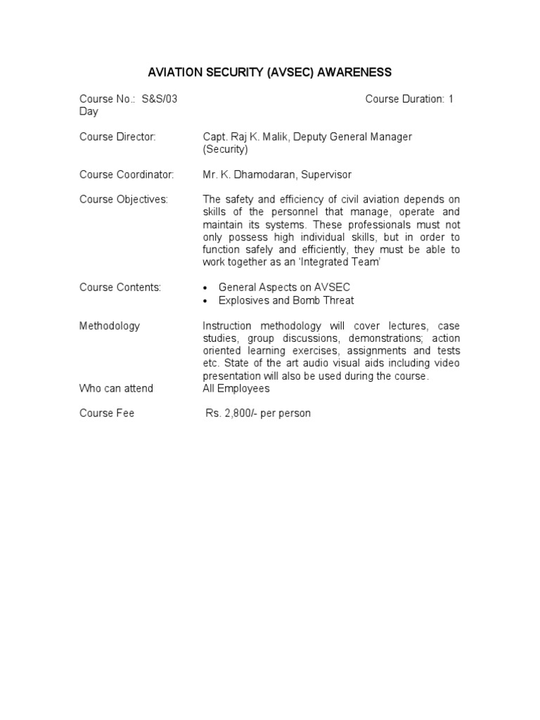 AVSEC Awareness Training Course Details | PDF