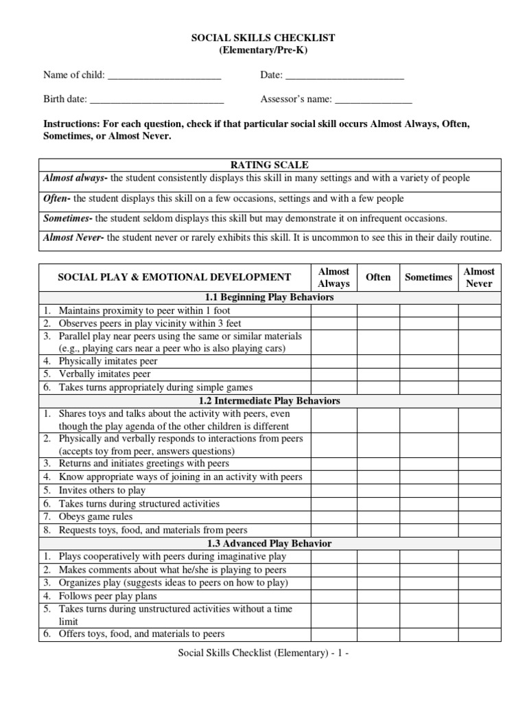 Social Skills Checklist Elementary Social Skills Nonverbal Communication