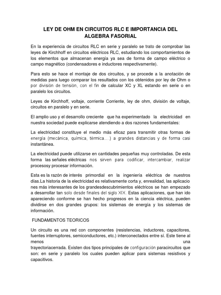 Ley de Ohm en Circuitos RLC e Importancia Del Algebra Fasorial | PDF ...
