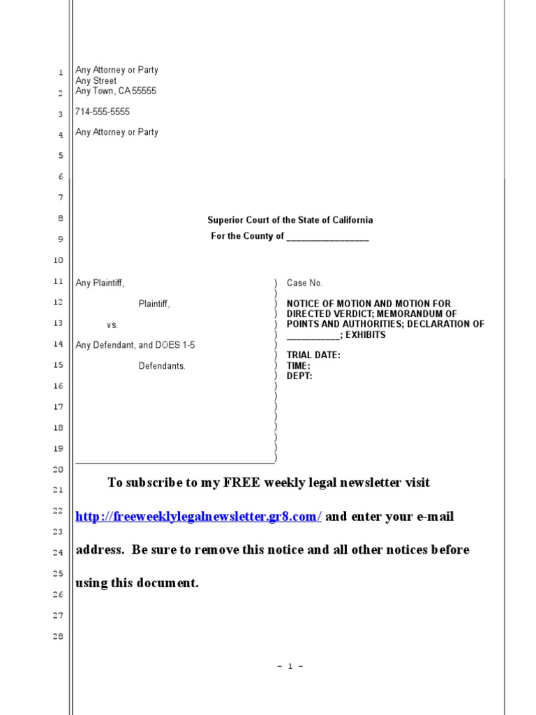 Sample California Motion for Directed Verdict under Code of Civil