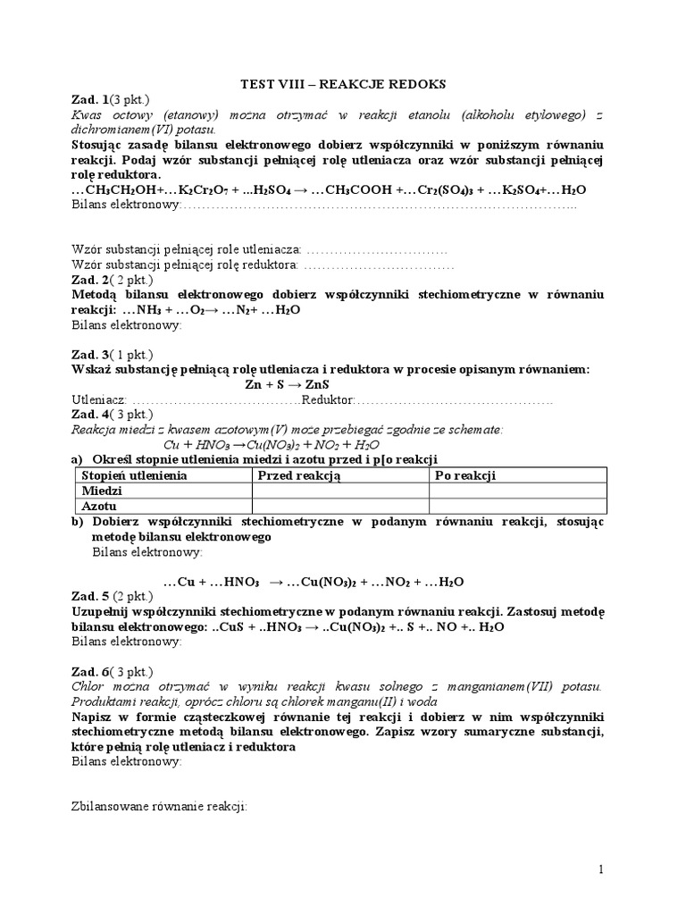 Reakcje Utleniania Redukcji Elektrochemia Sprawdzian