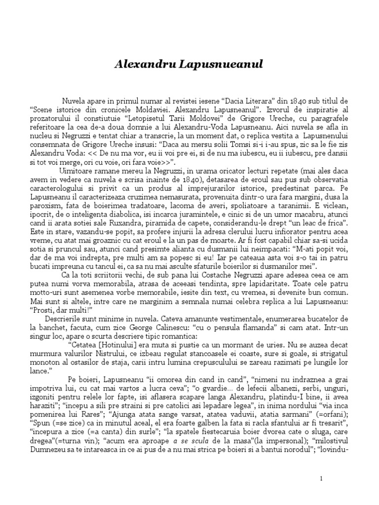 Costache Negruzzi Alexandru Lapusneanul Comentariu