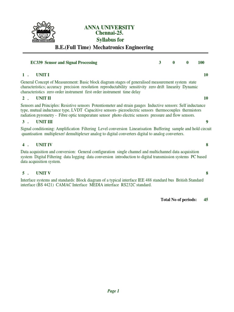 Analysis of a Mechatronics Engineering Course Syllabus Covering Sensors