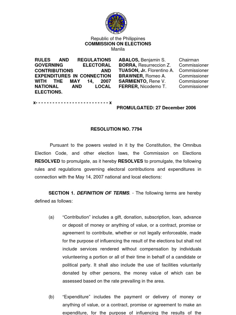 COMELEC Resolution 7794 | PDF | Commission On Elections (Philippines ...