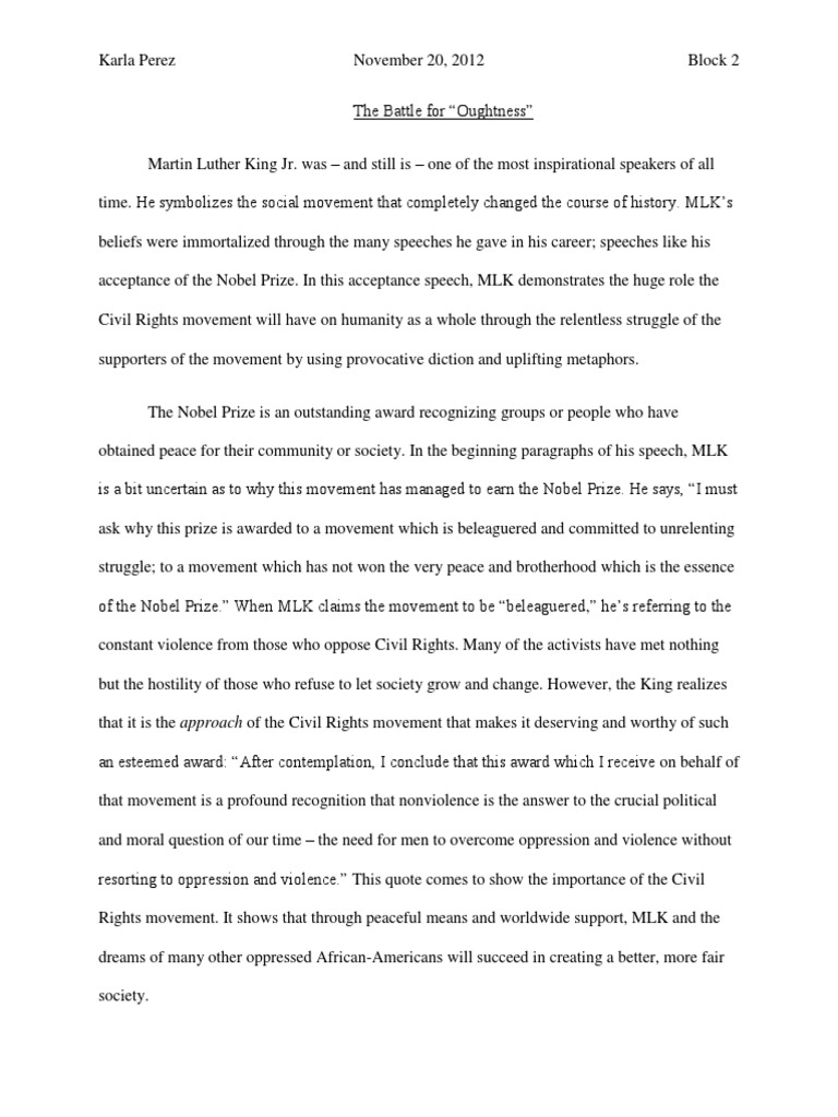 Mlk Nobel Prize Rhetorical Speech Analysis Pdf Martin Luther King Jr Social Movements