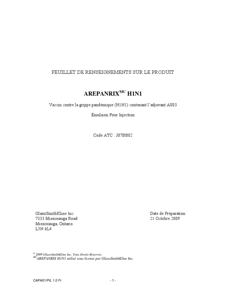 Vaccin Arepanrix H1N1 de Glaxo Smith Kline | PDF