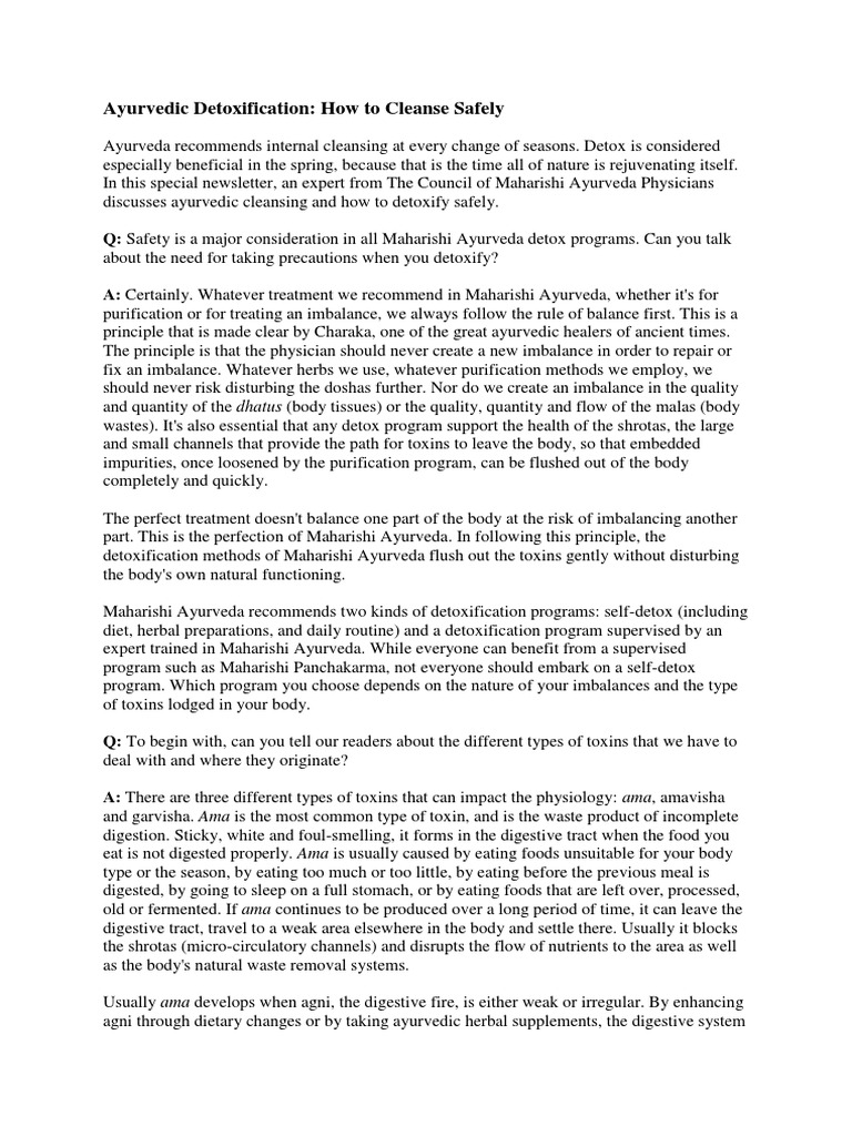 Ayurvedic Detoxification PDF Detoxification (Alternative Medicine