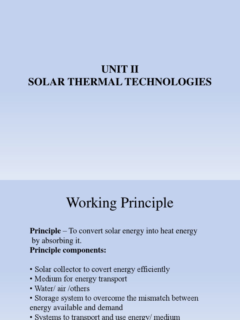 Solar Thermal Technologies Overview | PDF | Solar Energy | Water Heating