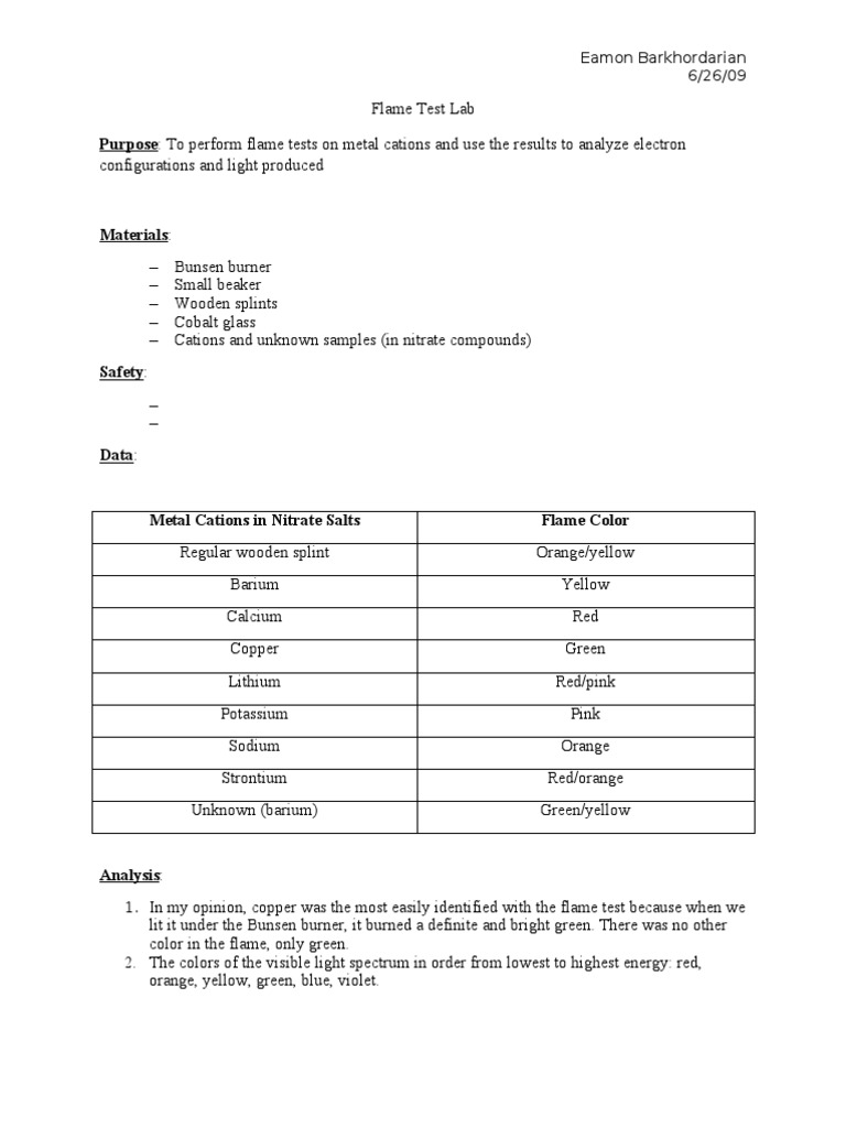 Flame Test Lab PDF Potassium Diet & Nutrition