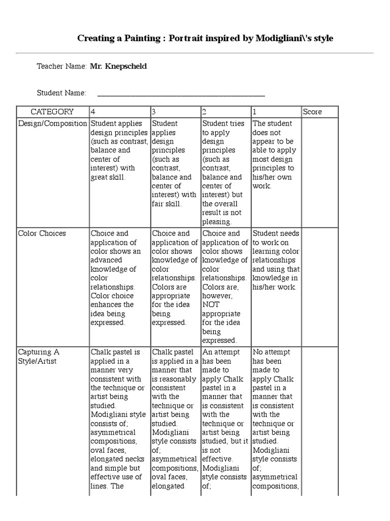 Rubric Portrait PDF Pastel Learning