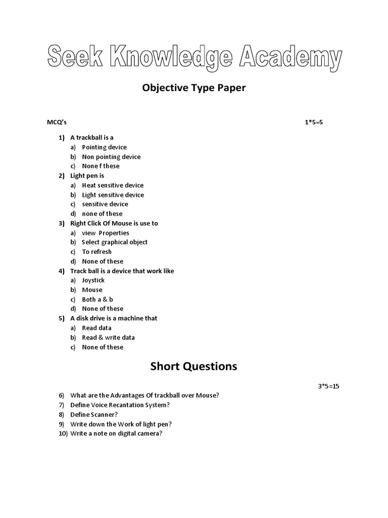 Objective Type Paper: Short Questions | PDF