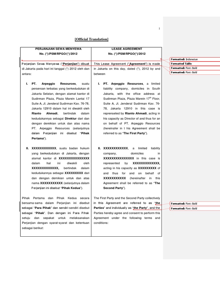 Bilingual Draft Perjanjian Sewa Menyewa