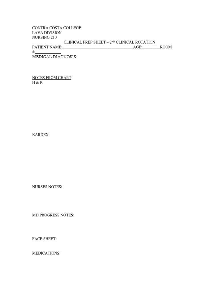 Clinical Prep Sheet for Nursing 210 | PDF