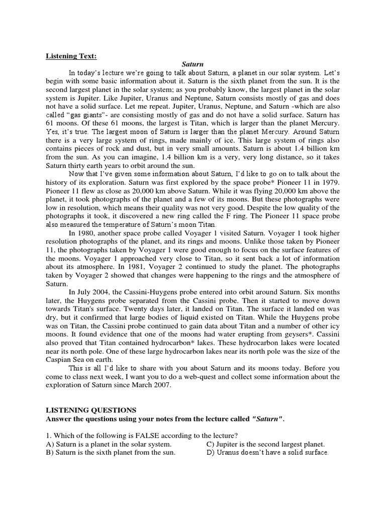 Sample Listening Text And Questions Saturn Space Probe