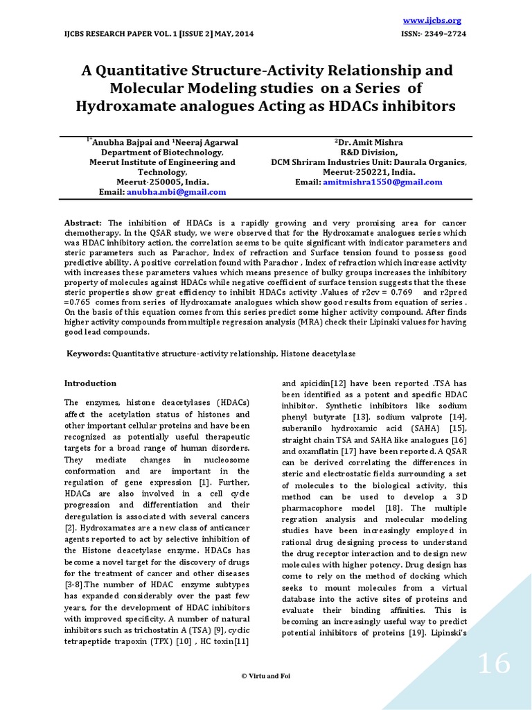 A Quantitative StructureActivity Relationship and Molecular Modeling