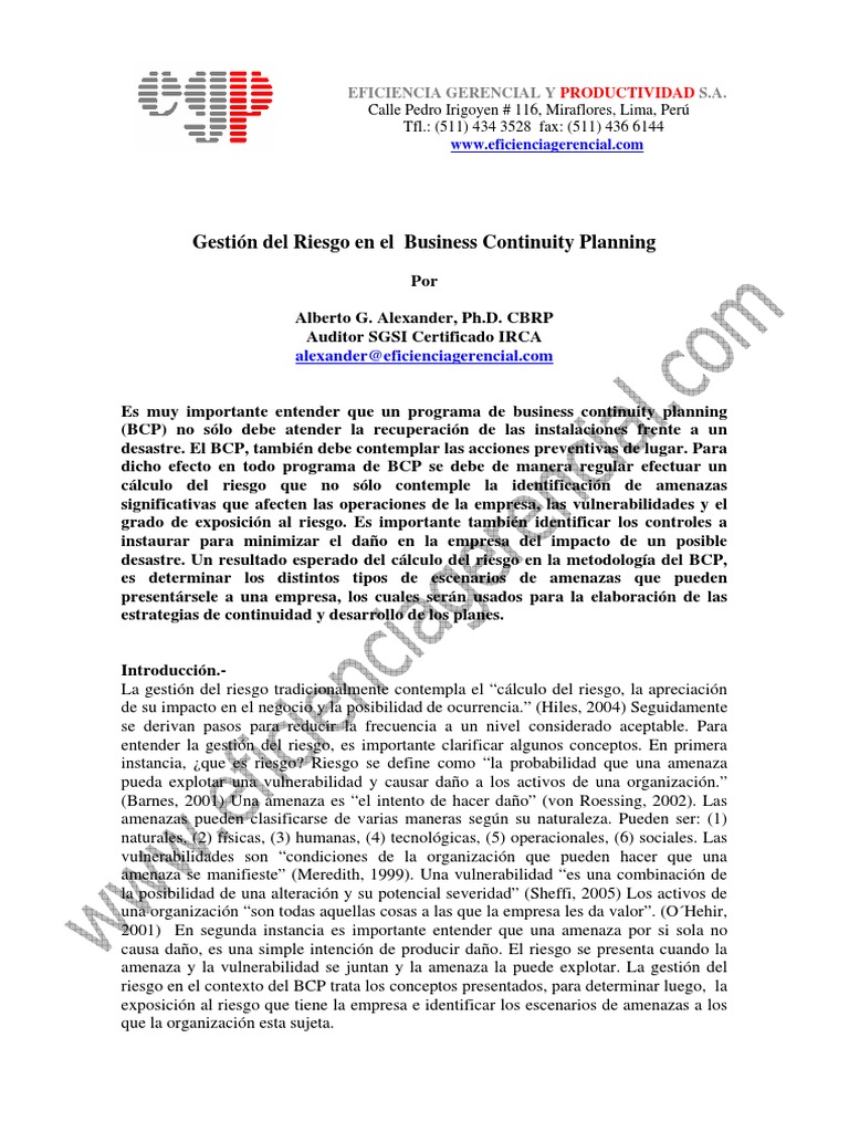 Gestión de Riesgos en Business Continuity | PDF | Riesgo | Vulnerabilidad