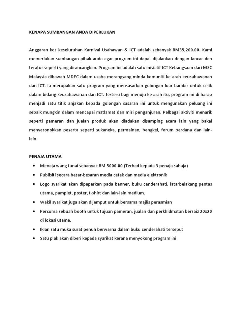 Contoh Surat Memohon Tajaan Bagi Pertandingan Doc