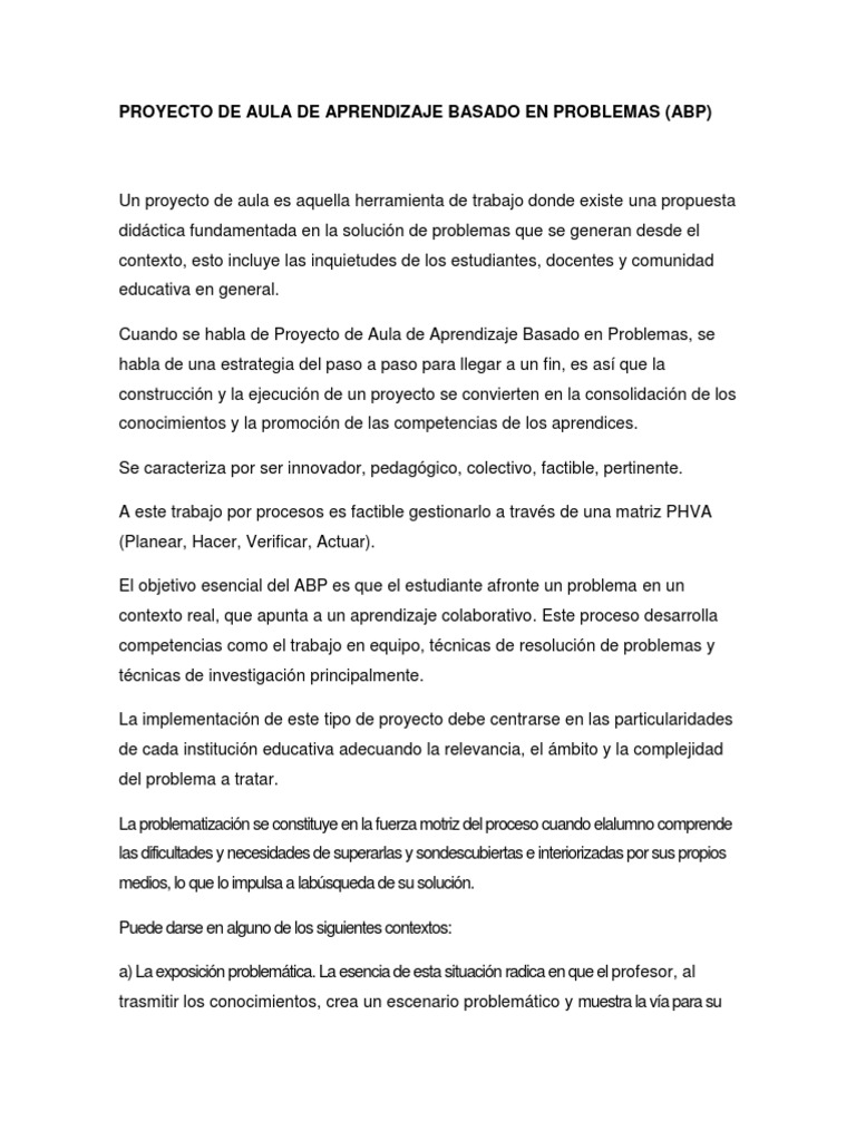 Proyecto de Aula de Aprendizaje Basado en Problemas | PDF | Evaluación ...