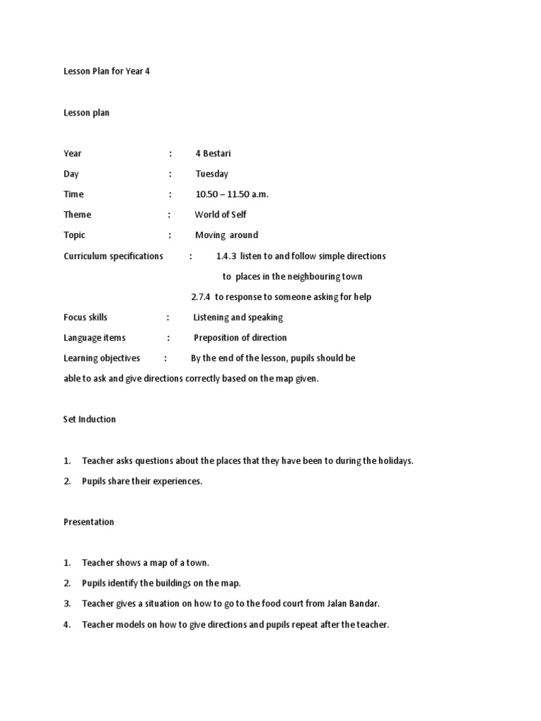 Year 4 English Lesson Plan: Directions | PDF | Lesson Plan | Education ...