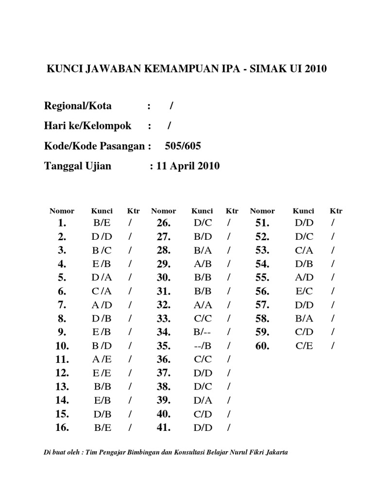 Ipa Kunci Jawaban Simak Ui 2010 Kode 505 Dan 605