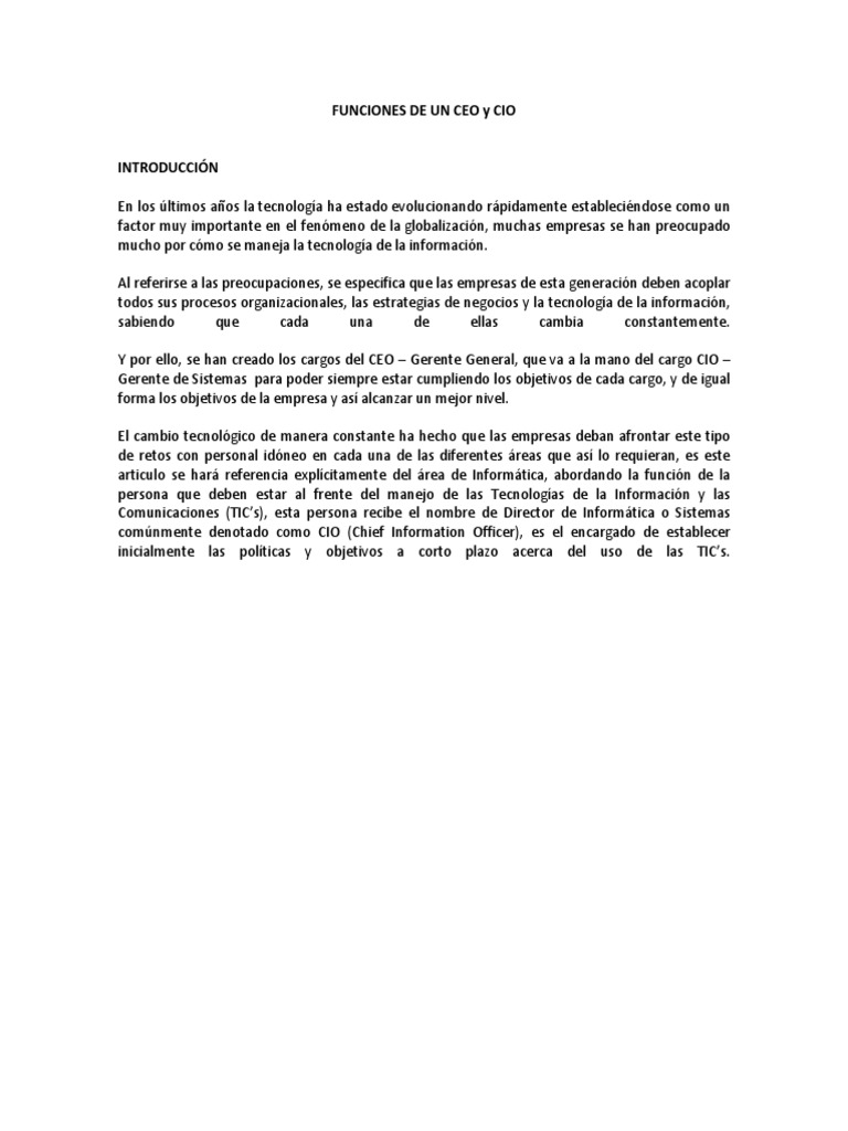 Funciones de Un Ceo y Cio | PDF | Director Ejecutivo | Planificación