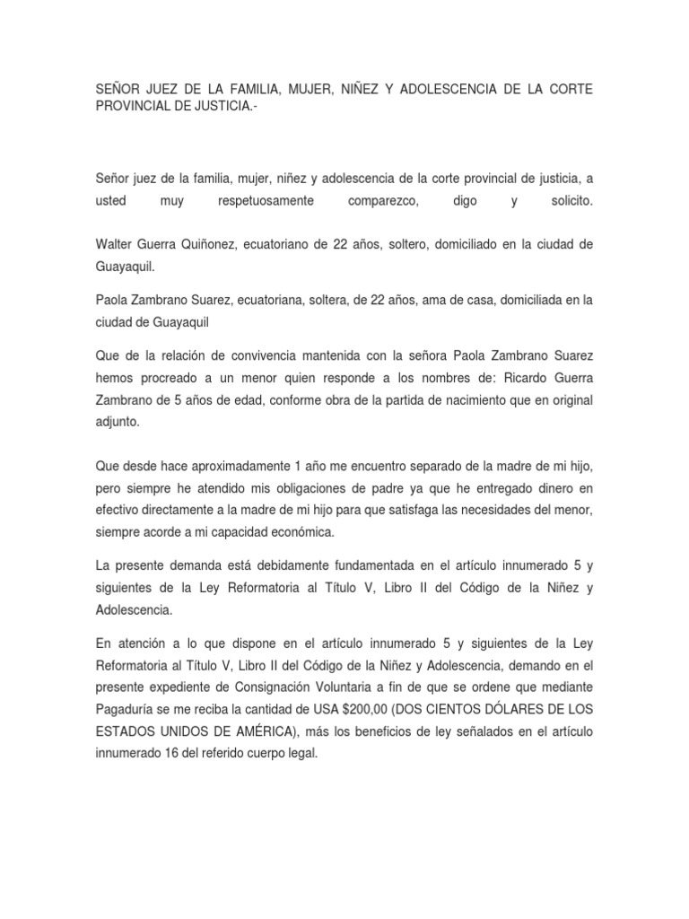 Demanda de Consignacion de Alimentos | PDF | Demanda judicial | Los Estados  Unidos