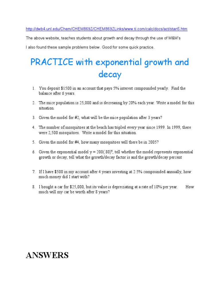 Exponential Growth and Decay Practice | PDF | Business | Finance ...