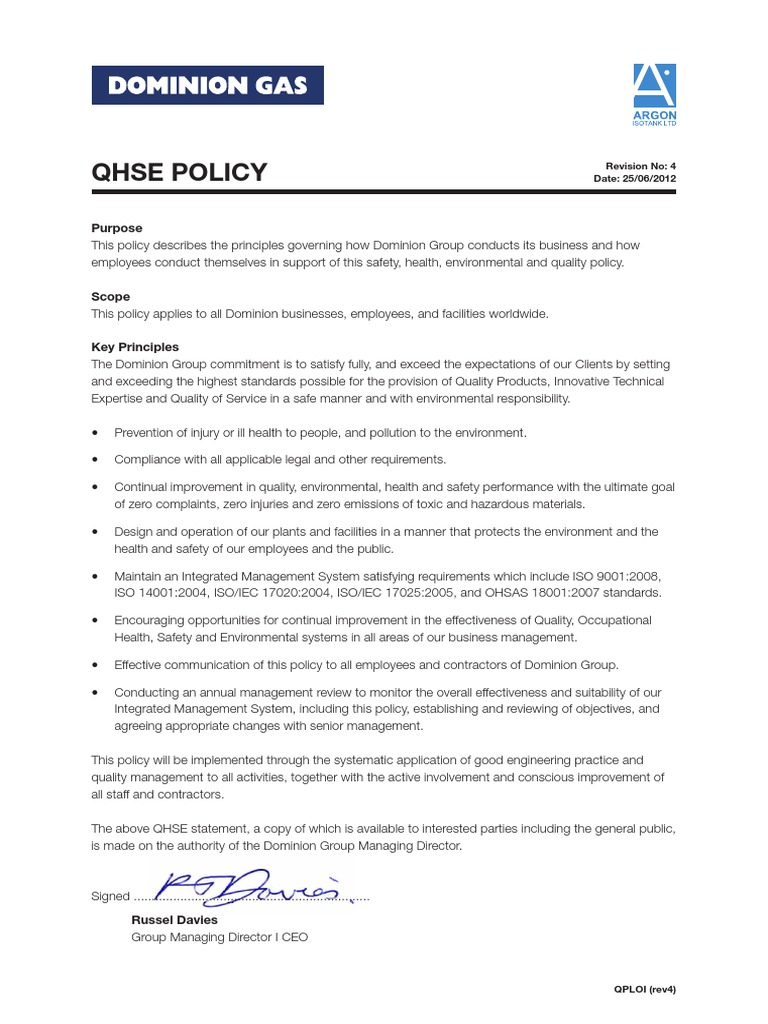 Dominion Group QHSE Policy Overview | PDF