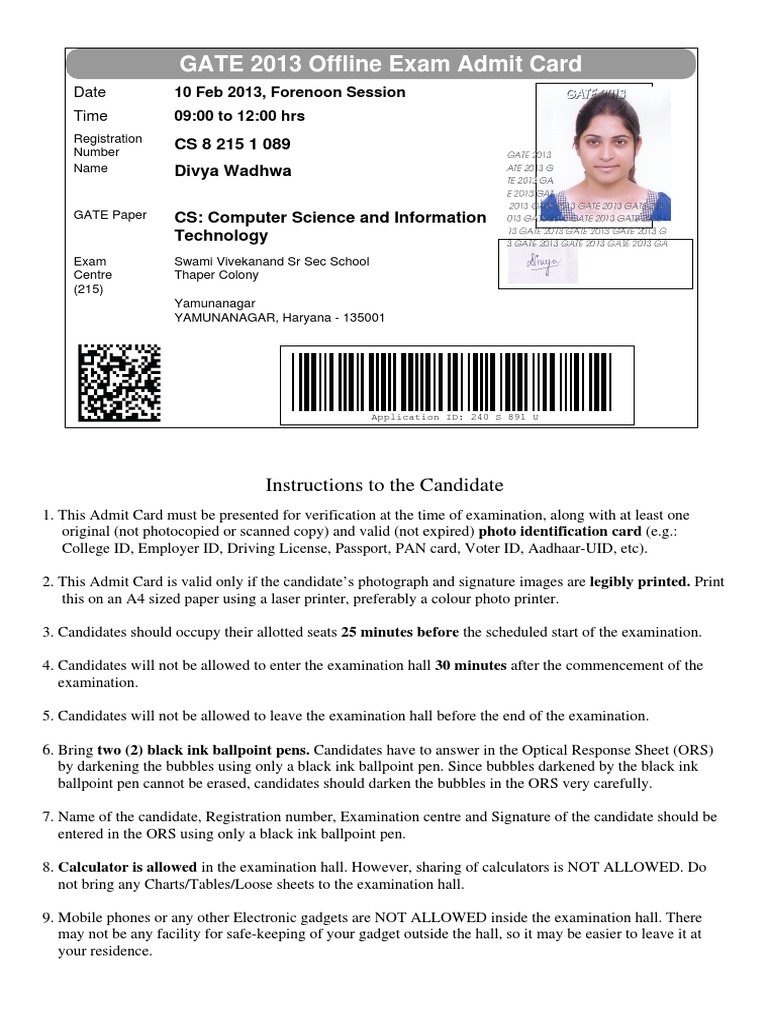 GATE 2013 Admit Card Instructions | PDF | Career & Growth