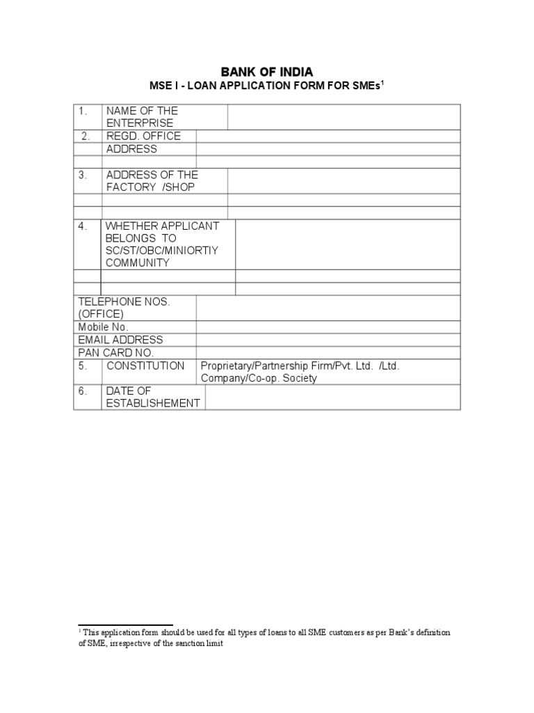 Bank of India SME Loan Application Form | PDF | Credit (Finance ...