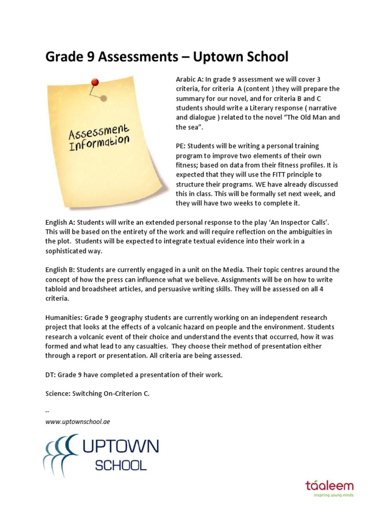 Grade 9 Assessments - Uptown School | PDF | Language Arts & Discipline