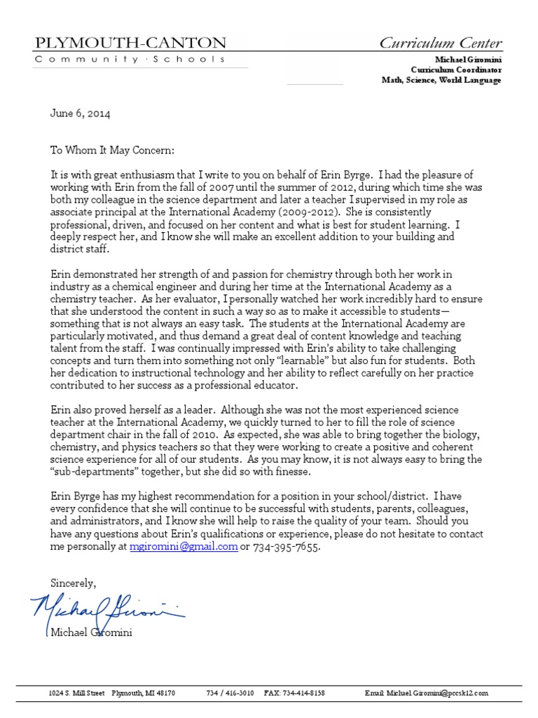 Recommendation for Erin Byrge's Teaching Role | PDF | Teachers | Science