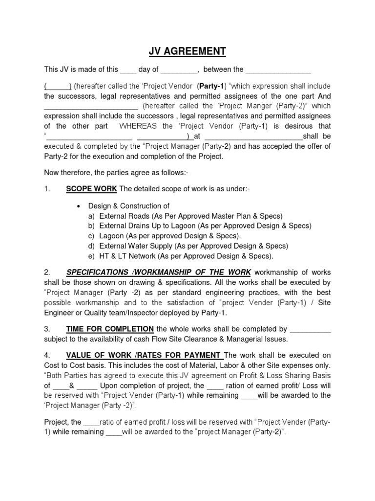 JV Agreement (Sample) | PDF | Joint Venture | Specification (Technical ...