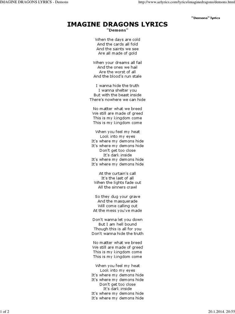 Imagine Dragons Lyrics Demons Mythology
