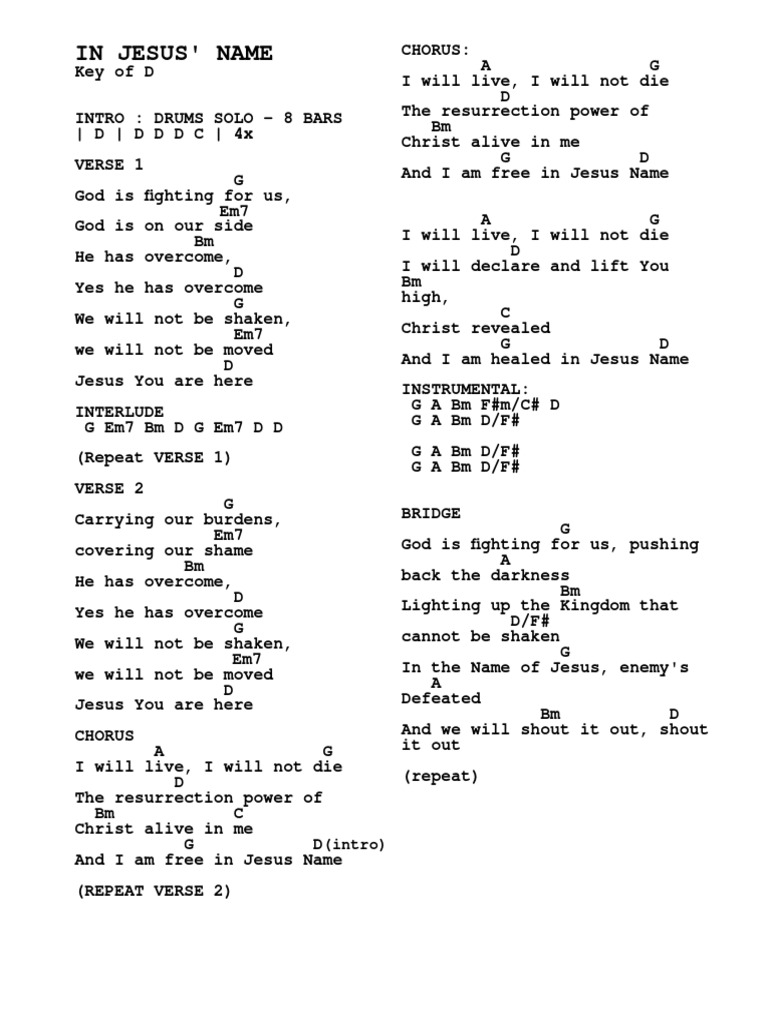 In Jesus Name Printable Lyrics