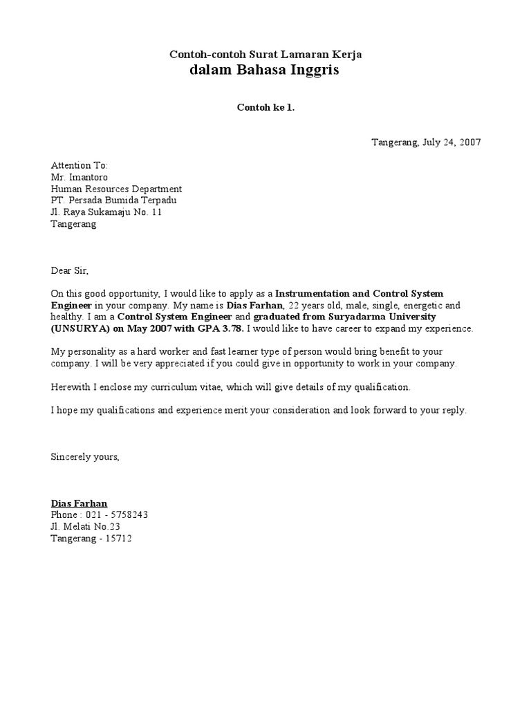 Contoh Surat Lamaran Kerja Bahasa Inggris Contoh Surat Lamaran Kerja Bahasa Inggris