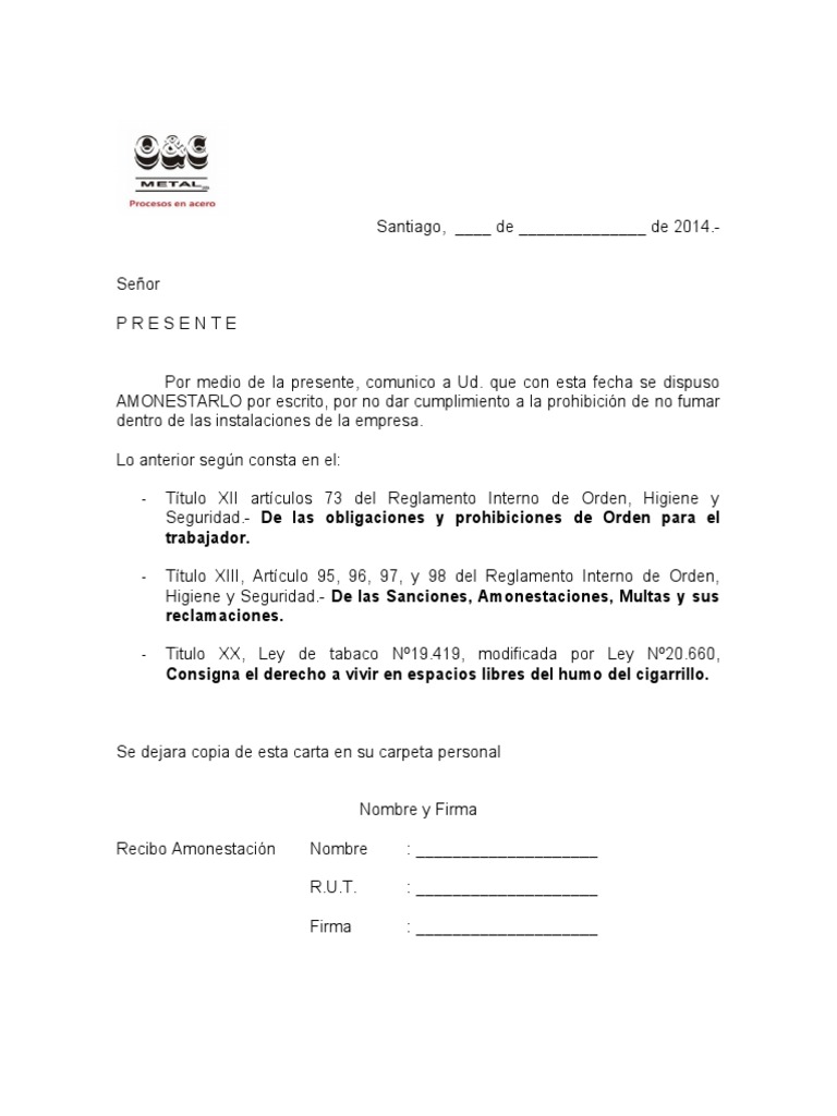 Carta de Amonestacion Por Fumar