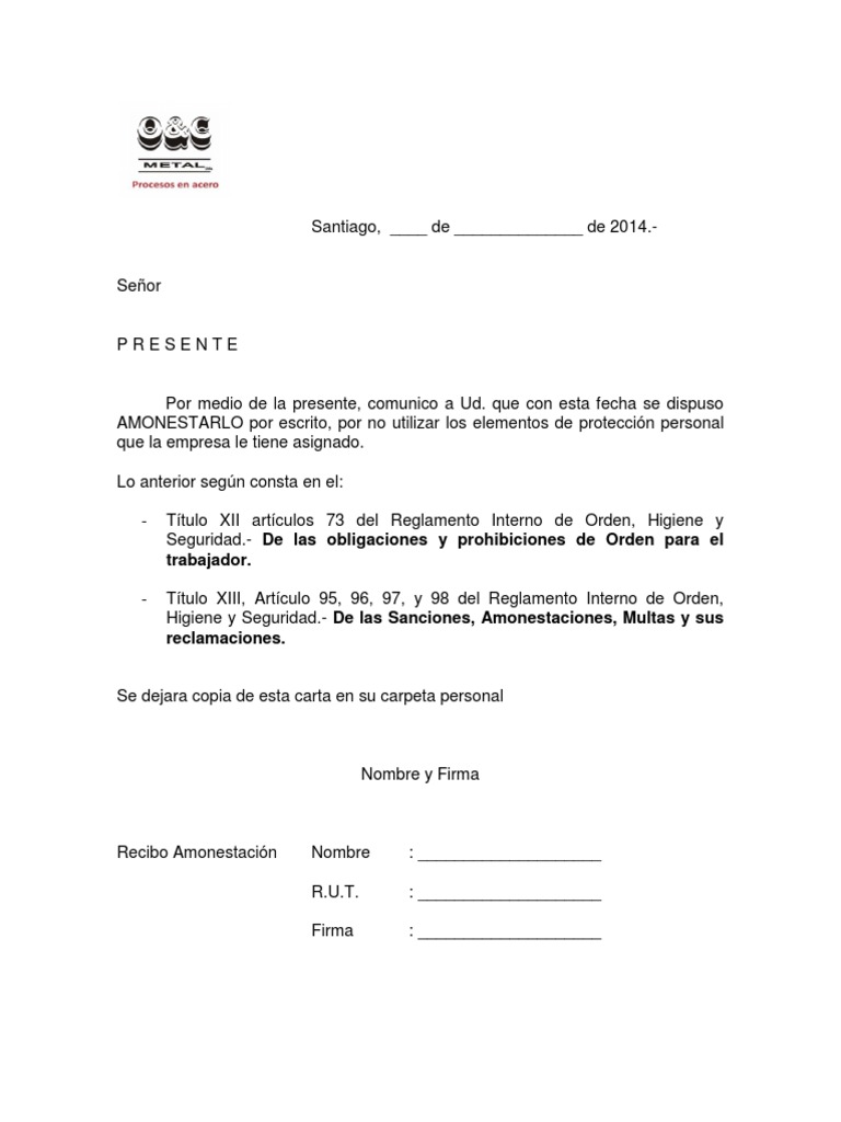 Carta de Amonestacion Por No Uso de EPP
