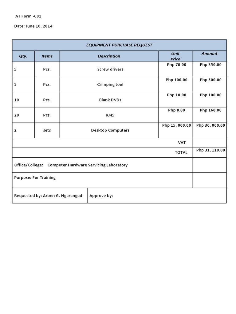 Equipment Purchase Request Form | PDF | Career & Growth | Computers