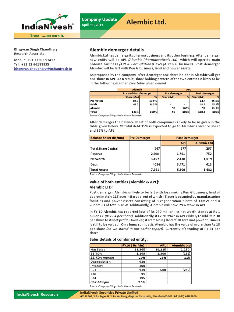 Alembic LTD.: Company Update | PDF | Stocks | Equity (Finance)