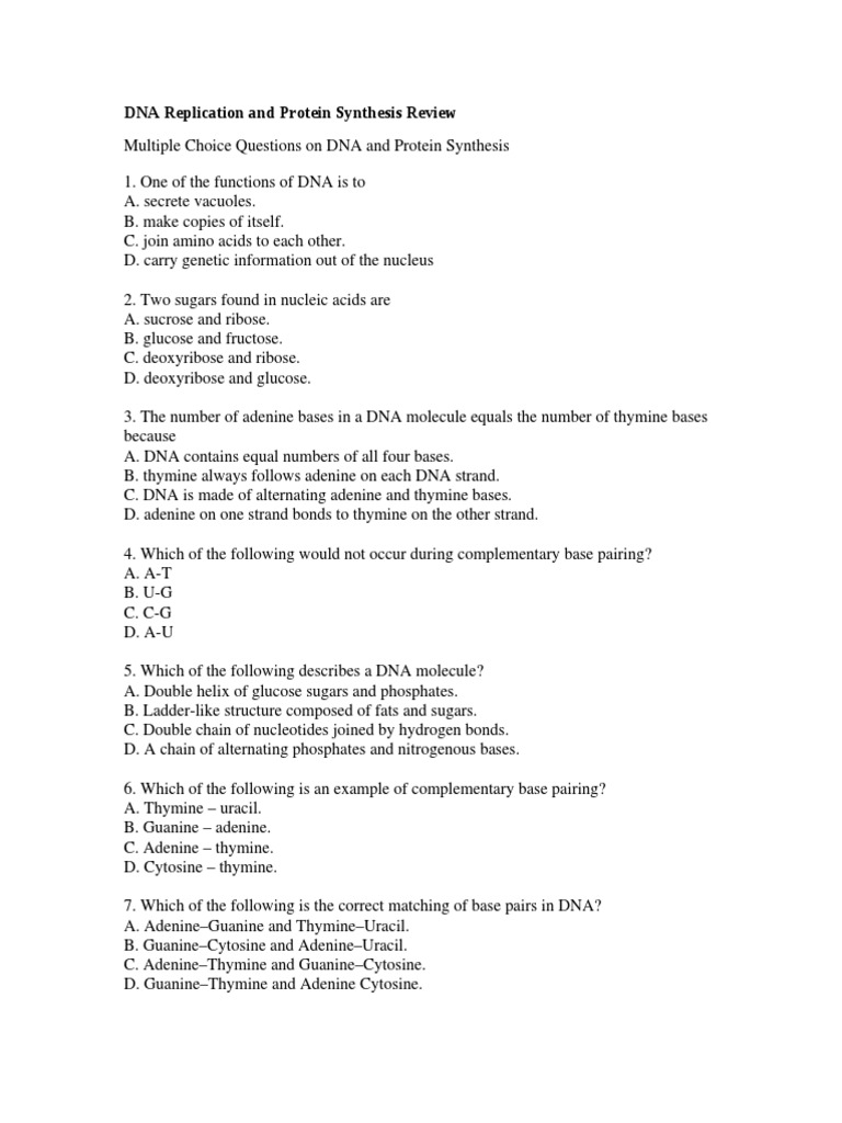 DNA Replication and Protein Synthesis Review Practice MC CP PDF